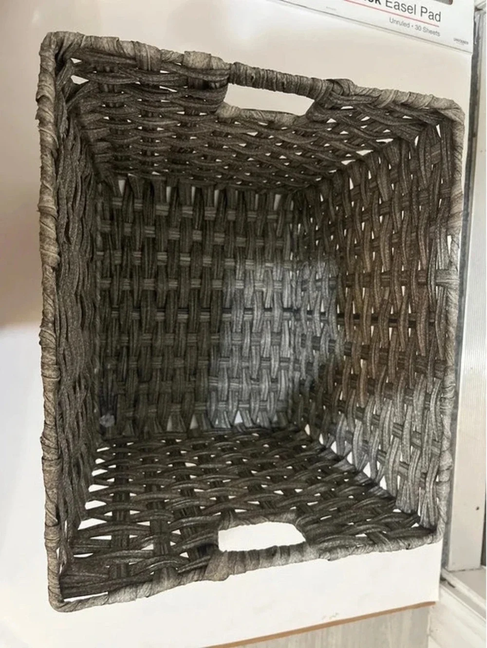 Grey weaved basket for storage organizing